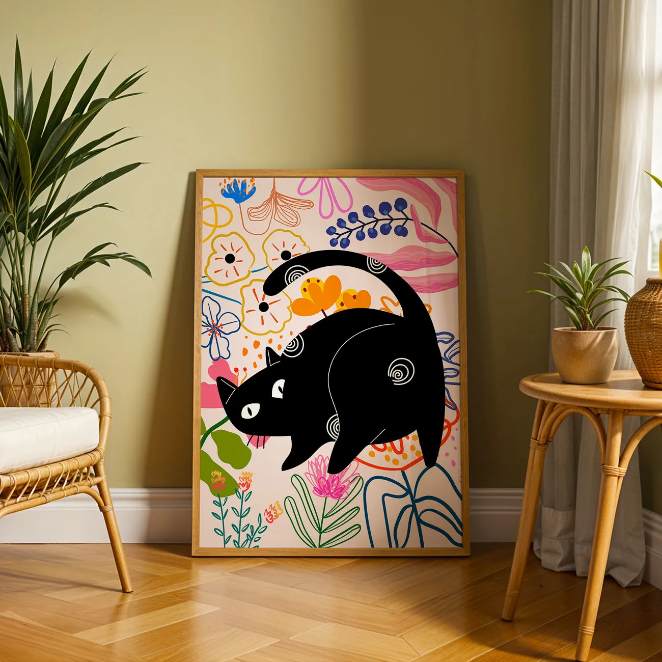 Wandbild – Schwarze Katze mit Blumen