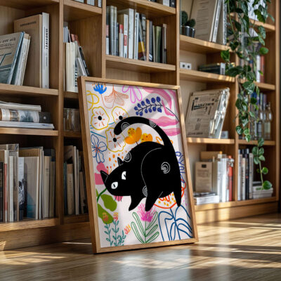 Floral Black Cat Poster – Retro Animal Art Print