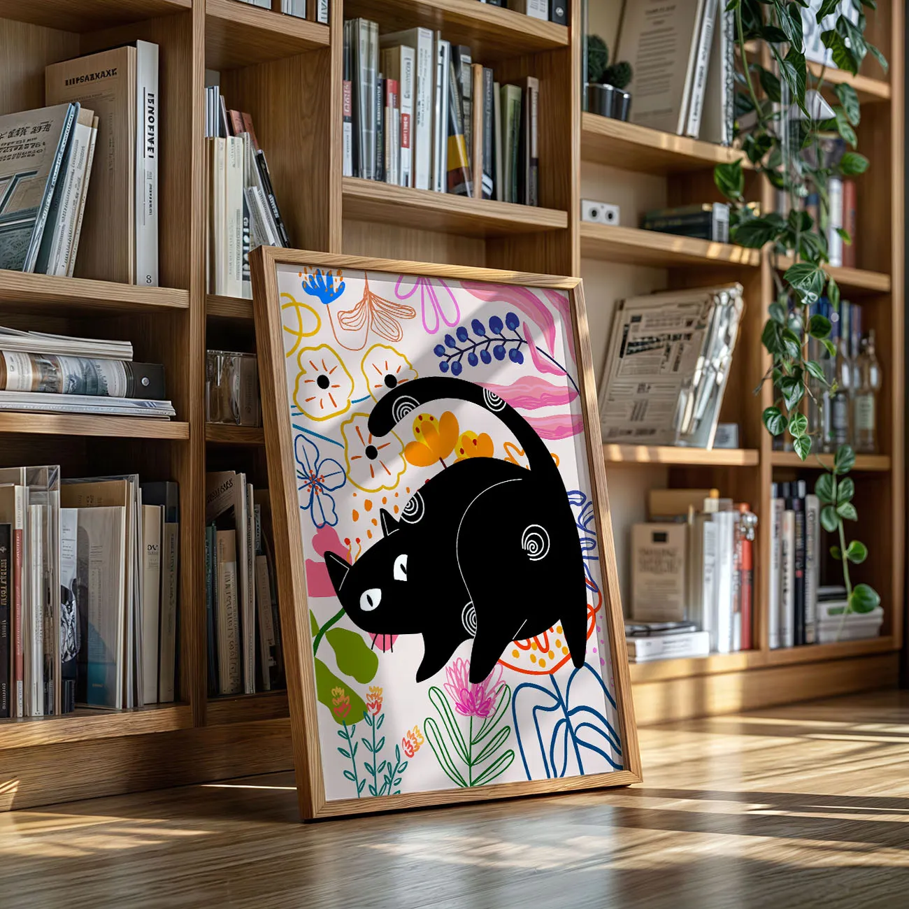 Wandbild – Schwarze Katze mit Blumen