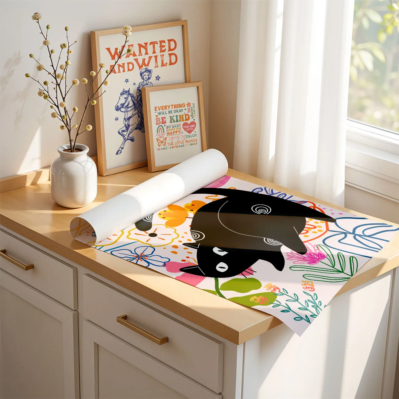 Wandbild – Schwarze Katze mit Blumen