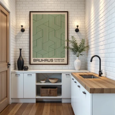 Bauhaus Print Line Maze Green – Minimalist Retro Poster