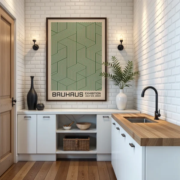 Bauhaus Print Line Maze Green – Minimalist Retro Poster