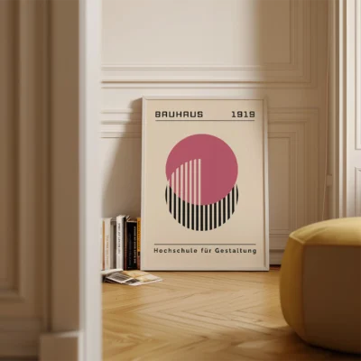 Bauhaus Design Poster Pink Circle Lines – Mid Century Wall Art