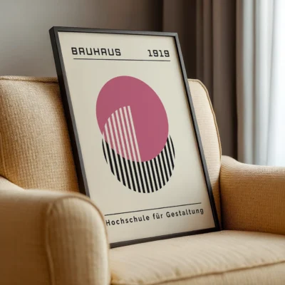 Bauhaus Design Poster Pink Circle Lines – Mid Century Wall Art