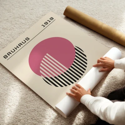 Bauhaus Design Poster Pink Circle Lines – Mid Century Wall Art