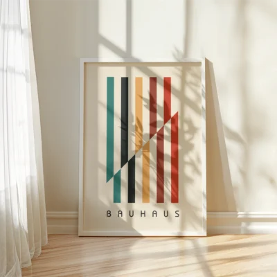 Modern geometric wall art Bauhaus poster with vertical colorful bars and a sharp diagonal