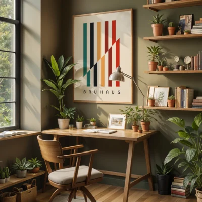 Modern geometric wall art showing green, black, yellow, and red stripes on a cream background