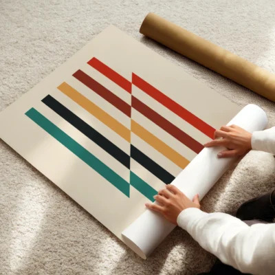 Minimalist Bauhaus poster featuring vertical multicolored lines for modern decor
