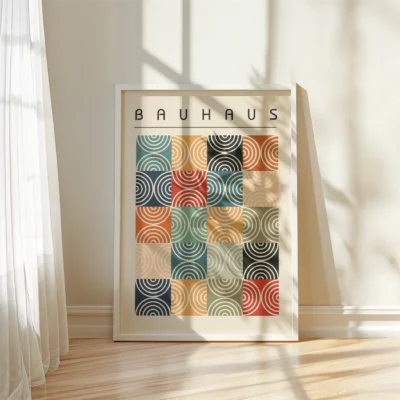 Mid Century geometric art grid of colorful concentric half-circles on cream paper