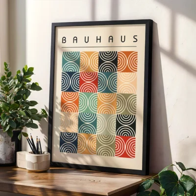 Bauhaus poster showing 20 squares of curved patterns in red, navy, green, and yellow
