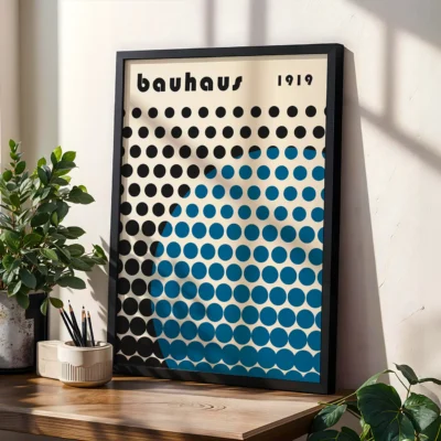 Mid Century modern geometric art featuring rows of black and blue discs forming a rising circular mesh