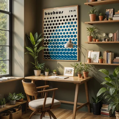 Abstract dot pattern in black and blue, half the dots form a bold blue circle against a soft beige background