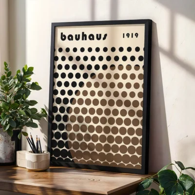 Bauhaus poster showing black dot matrix intersected by a brown half-circle of dots