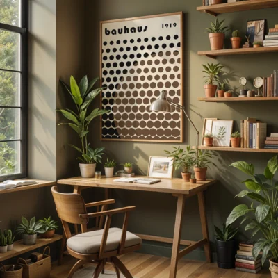 Solar Mesh modern geometric art print with rows of black discs and a curved brown overlay