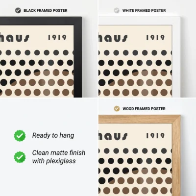 Geometric Mid Century modern art grid of black dots with a brown dot arc on cream paper