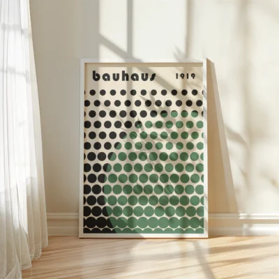 Minimalist geometric wall art featuring black dot grid with a green half-circle overlay