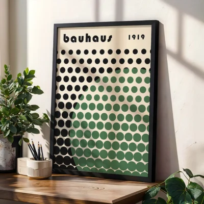 Solar Mesh Bauhaus poster showing rows of black discs intersected by a forest green arc