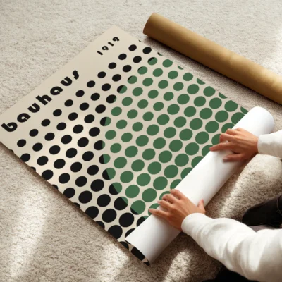 Modern wall decor with simple black dots and a sweeping green dot arc