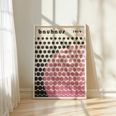Solar Mesh Bauhaus poster with black dot grid and pink half-circle of dots on cream paper