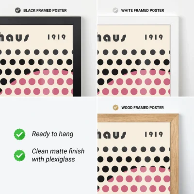 Bauhaus poster Solar Mesh with simple black dot matrix and sweeping pink half-circle