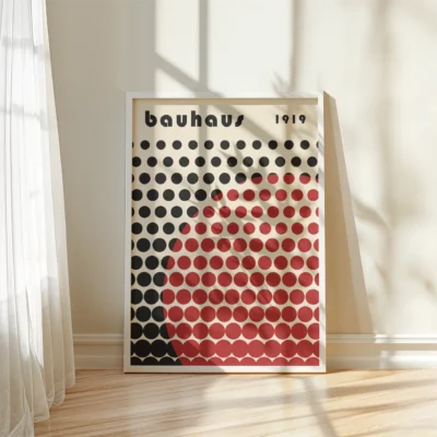 Retro poster art “Solar Mesh” showing black dot grid cut by red half-circle on cream paper