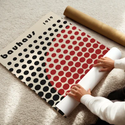 Clean dot design on cream paper with a red half-circle of dots in “Solar Mesh”