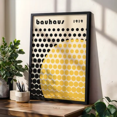 Minimalist poster showing rows of black circles intersected by a yellow dot arc