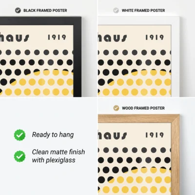 Bauhaus poster “Solar Mesh” with simple black grid and yellow half-circle design
