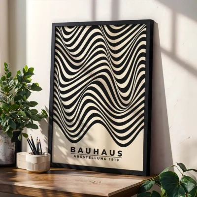 “Waves” Bauhaus poster showing black wavy lines on cream background