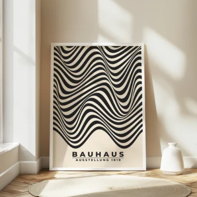 Minimalist poster art featuring smooth black stripes rippling down light paper