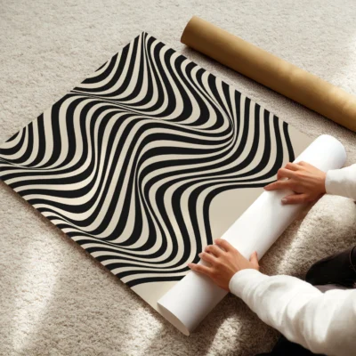 Clean curved lines forming a flowing wave design on a light poster