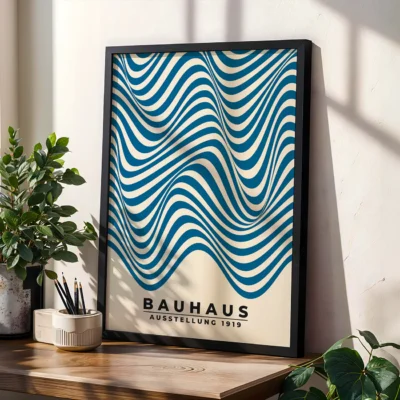 “Waves” minimalist art print with blue curvy lines on cream background