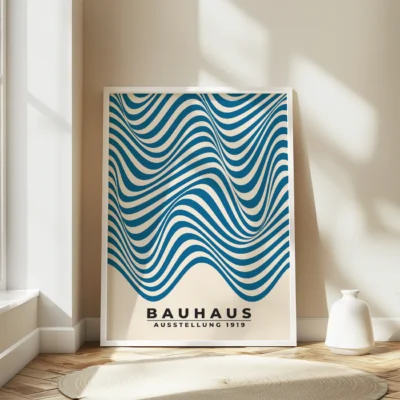 Bauhaus poster showing smooth blue wave pattern on light paper