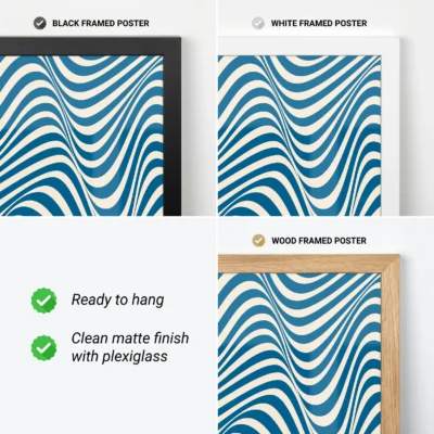 Modern wall decor featuring blue curved lines on a soft cream poster