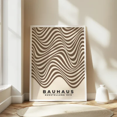 Minimal poster design with smooth black stripes rippling down light paper