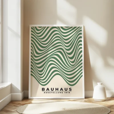 Bauhaus poster showing smooth green curves on light paper