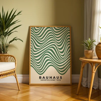 Simple wave pattern of green stripes on soft cream poster