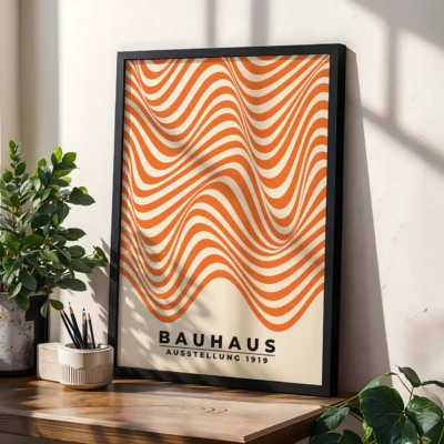 Poster retro style “Waves” with orange wavy lines on cream background
