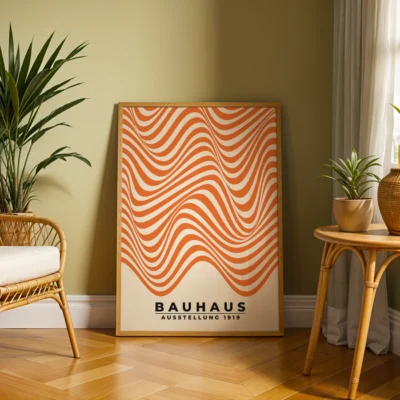 Simple ripple pattern of thick orange waves on soft cream poster