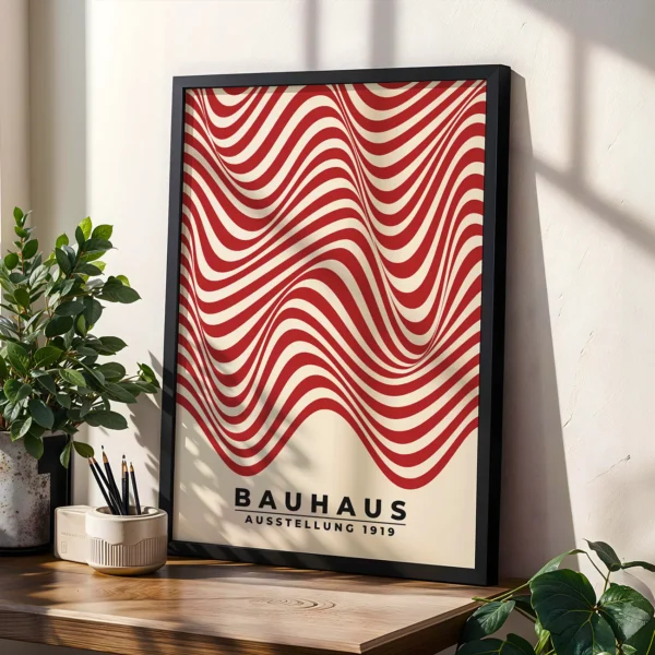 Abstract Waves Wall Art – Red Bauhaus Poster