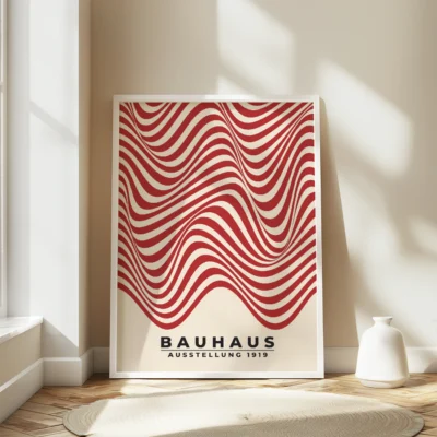 Bauhaus poster showing smooth red curves on light paper for abstract waves wall art