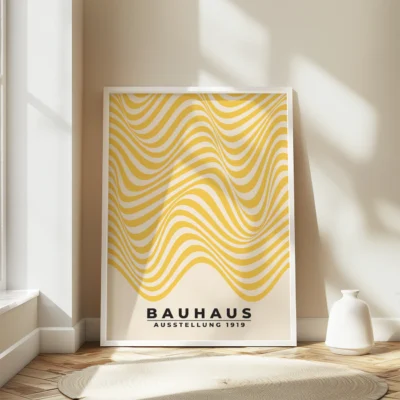 Bauhaus poster showing smooth yellow curves on light paper for abstract waves wall art