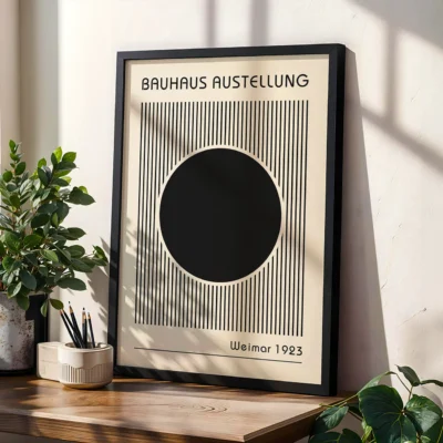 Black circle framed by thin vertical lines on cream background