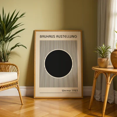 Central black circle with vertical line pattern on soft cream