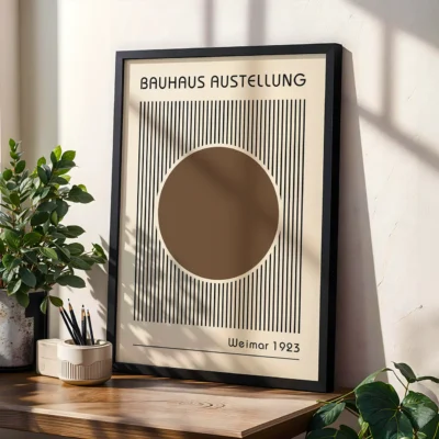 Brown circle with black vertical stripes on cream background