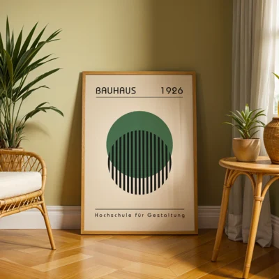 Retro wall art green circle overlapping stripes on cream