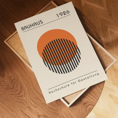 Retro wall art orange circle meets black line grid