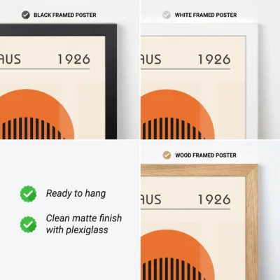 Retro wall art with minimalist orange circle and black stripes