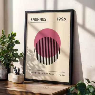 Retro wall art pink circle on black stripes