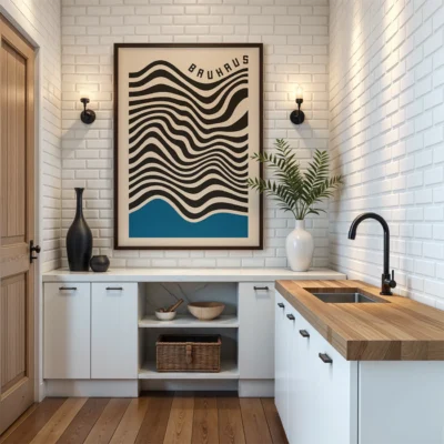 Abstract artwork bold black wavy lines over blue base